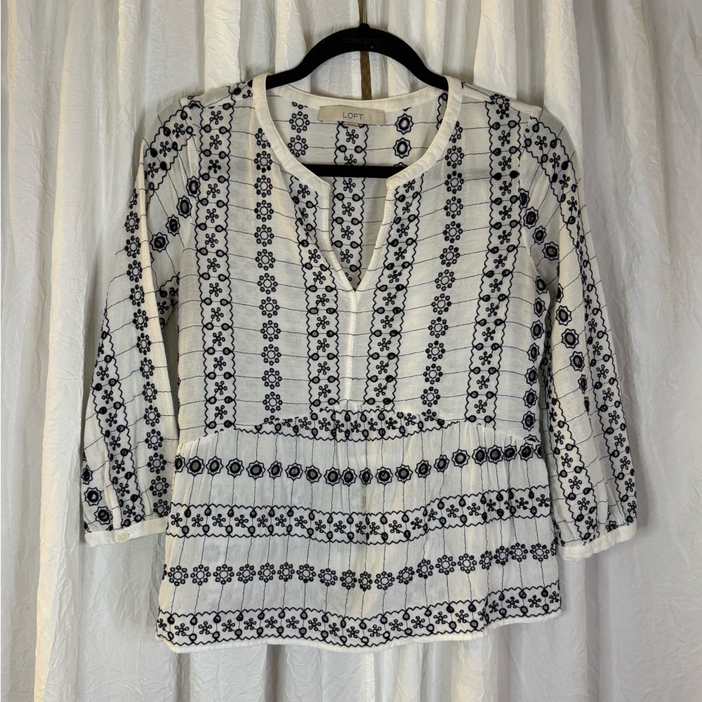 LOFT White & Black Lightweight Embroidered Striped Floral Peplum Peasant Blouse